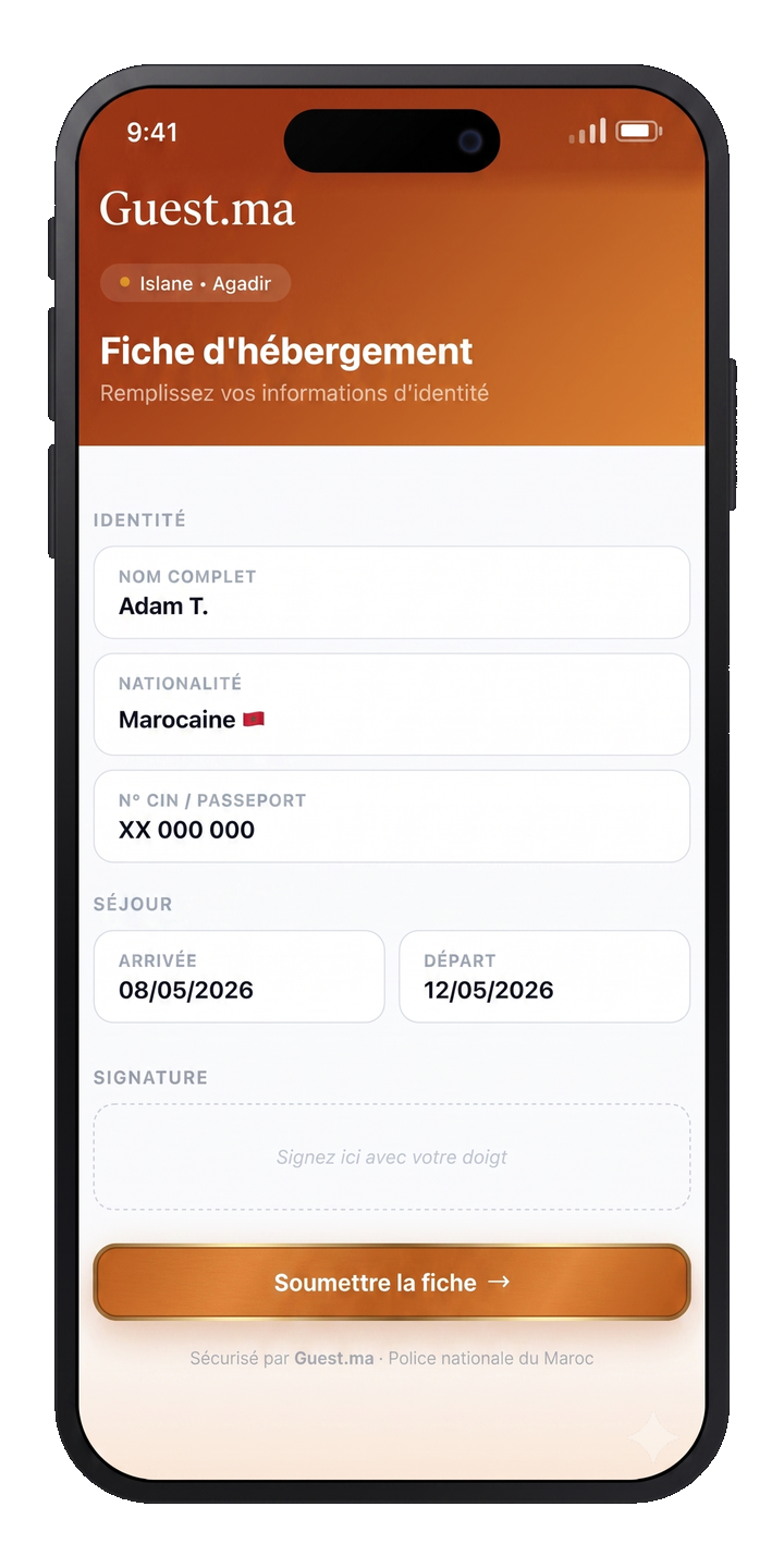 Fiche d'hébergement remplie sur mobile avec Guest.ma